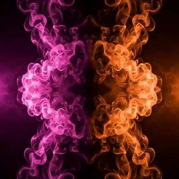 Detalhe macro de fumaça densa iluminada por luzes neon magenta e laranja em contraste.