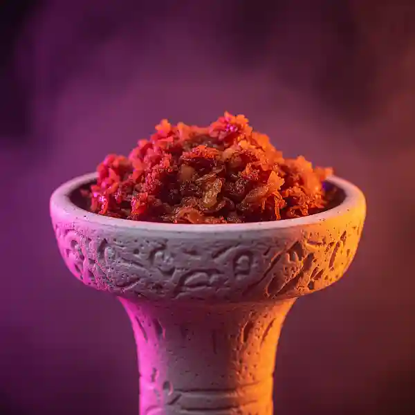 Close-up macro de um rosh de narguilé com essência de tabaco texturizada sob iluminação neon magenta e laranja.