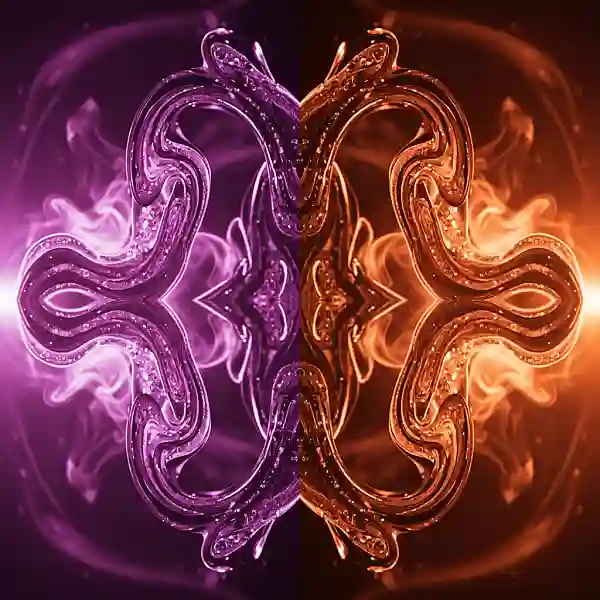 Fotografia macro simétrica mostrando a textura de uma essência líquida com iluminação dupla em magenta e laranja neon.