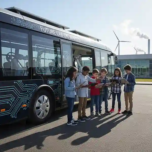 Um ônibus moderno estacionado em frente a uma escola, com equipamentos tecnológicos visíveis através das janelas e alunos interagindo com tablets na área externa.