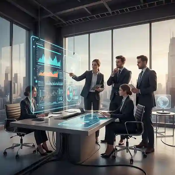 Um ambiente de conferência corporativa com profissionais analisando gráficos de financiamento projetados em uma tela grande.