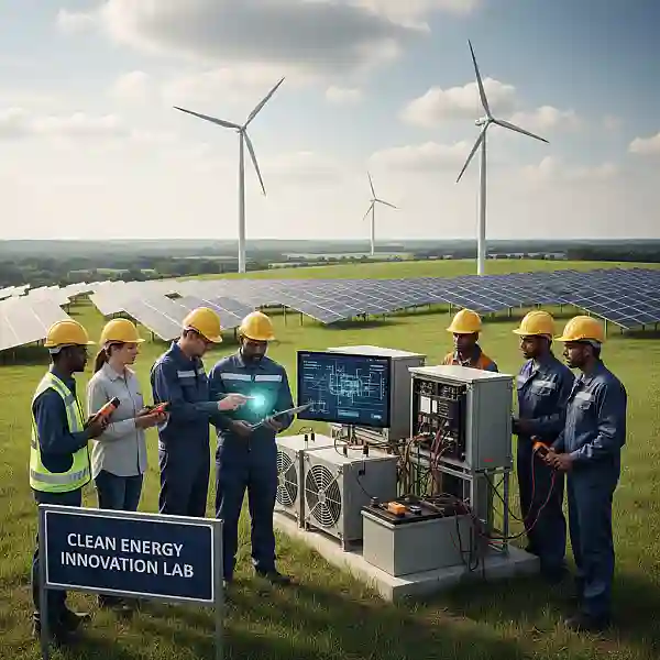 Painéis solares modernos e turbinas eólicas ao fundo, com equipamentos de medição digital em primeiro plano focados na eficiência energética.