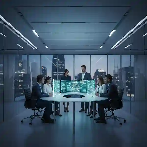 Profissionais em sala de reunião moderna analisando gráficos digitais de investimento em telas transparentes.