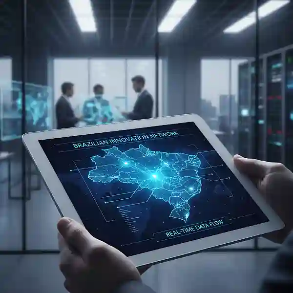 Mapa digital estilizado do Brasil com pontos de luz conectados, destacando a região Norte e o estado de São Paulo.