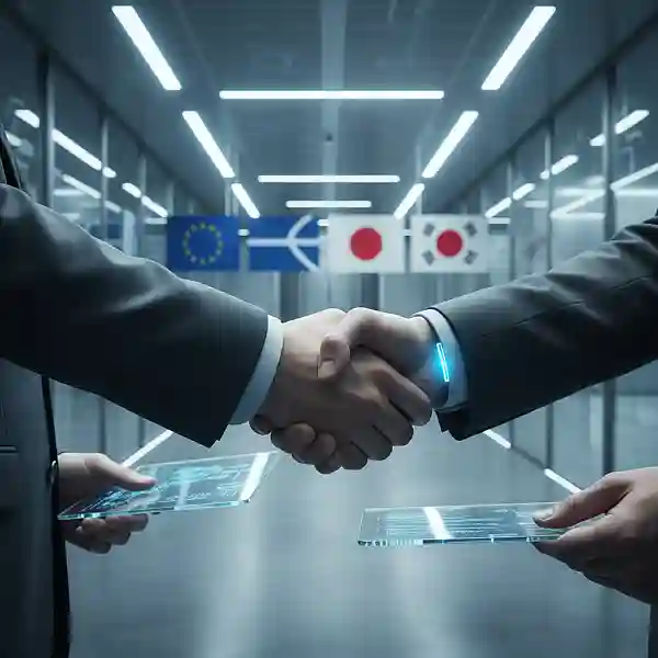 Close nas mãos de duas pessoas em trajes sociais trocando documentos sobre uma mesa de vidro, com bandeiras do Brasil e Suécia desfocadas ao fundo.