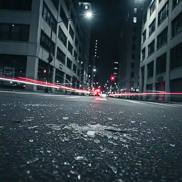 Fotografia de um cruzamento de ruas vazio à noite, visto em um ângulo inclinado, com cacos de vidro espalhados no asfalto e luzes de emergência vermelhas e amarelas borradas ao fundo.