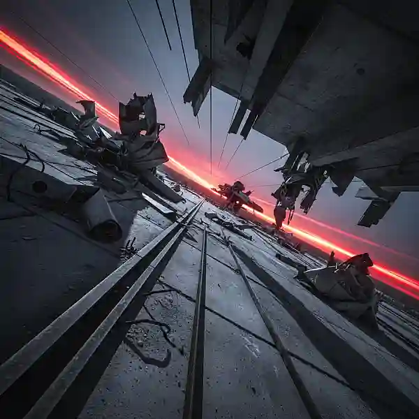 Fotografia em ângulo inclinado mostrando pedaços de metal retorcido de uma aeronave espalhados por uma paisagem vazia, com iluminação dramática contrastando tons de cinza com detalhes em vermelho e âmbar.