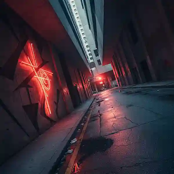 Fotografia noturna em ângulo inclinado de uma rua deserta, destacando uma parede de concreto com símbolos abstratos brilhando em tons de vermelho e âmbar.