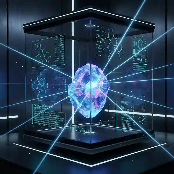 Visualização digital abstrata de minerais sendo processados por lasers azuis em um ambiente de laboratório high-tech.