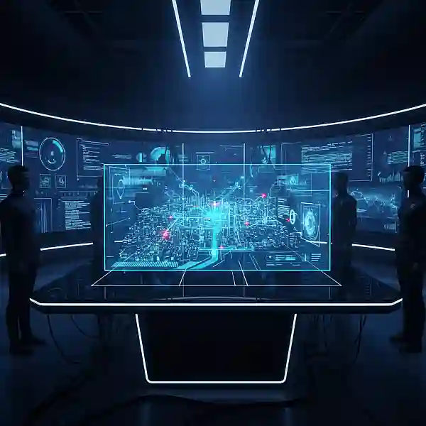 Holograma tático azul sobre uma mesa de vidro em um centro de comando moderno, sem pessoas visíveis.