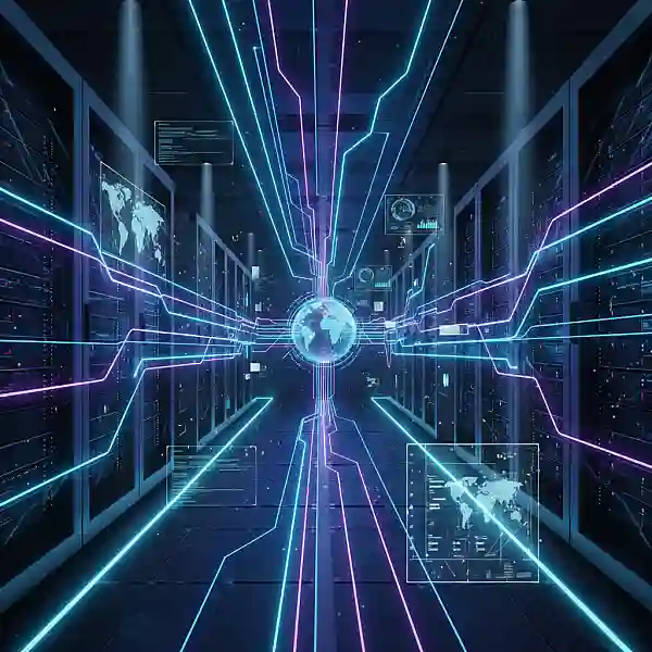 Fluxo de dados digitais conectando servidores globais, representado por linhas de luz neon em um ambiente de servidor escuro.