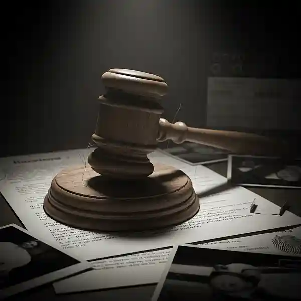 Martelo de juiz sobre documentos legais em uma mesa de madeira escura