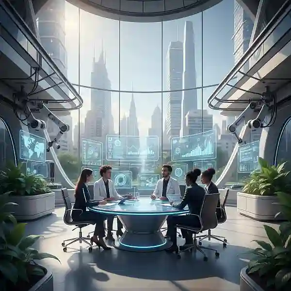 Pesquisadores em laboratório moderno analisando dados em telas holográficas