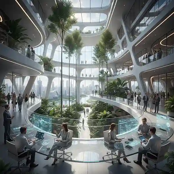 Escritório de inovação open space com profissionais discutindo projetos em mesas de vidro