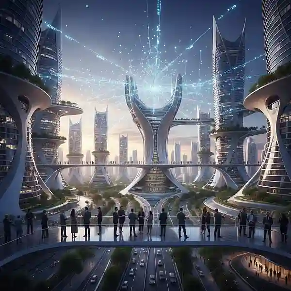 Vista aérea estilizada de uma cidade brasileira moderna conectada por feixes de luz digital