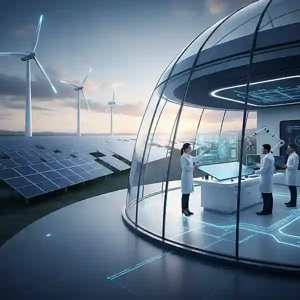 Pesquisadores analisando painéis solares de última geração em um laboratório moderno e iluminado