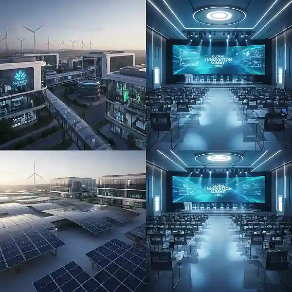 Auditório executivo vazio preparado para uma conferência com iluminação azul tecnológica